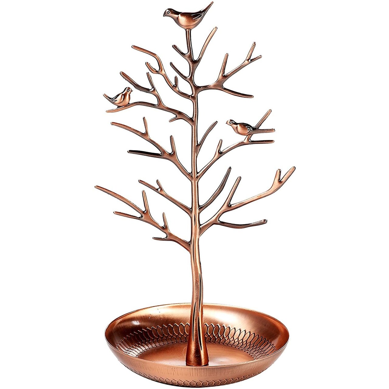 Juvale Jewelry Organizer Stand with Tray, Tree Branch with Bird Ring Holder for Necklaces, Bracelets, Earrings, Small Retro Jewelry Tower Rack for Home, Desk, and Business Display, Copper Plated
